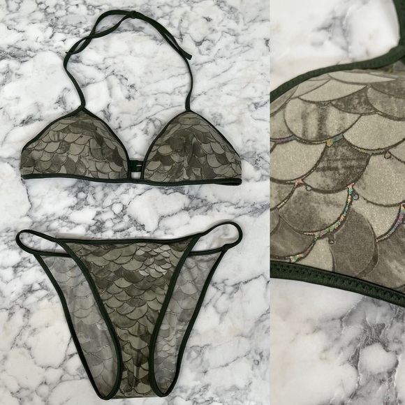 Roberto Cavalli olive green metallic mermaid print two piece string bikini swim - Picture 1 of 14